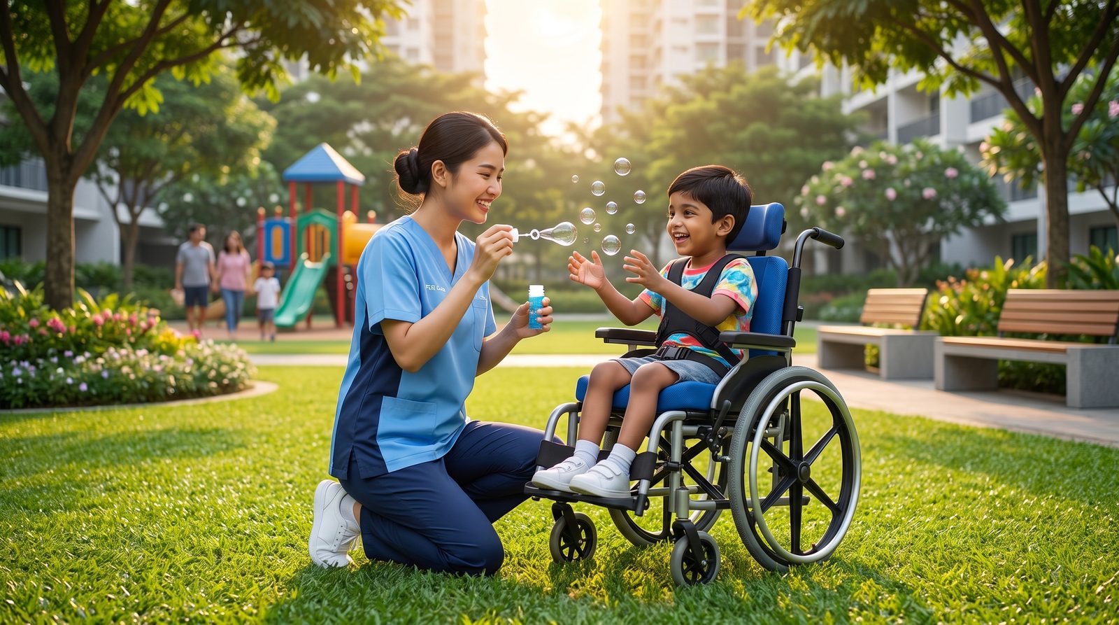 A TLC caregiver blowing bubbles with a smiling child in a wheelchair at the park