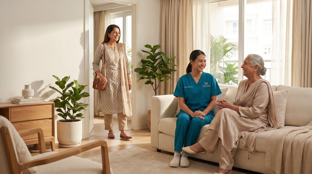 A TLC Care caregiver in teal scrubs sitting with a smiling elderly woman on a sofa, while her daughter arrives home in the background of a bright, plant-filled living room